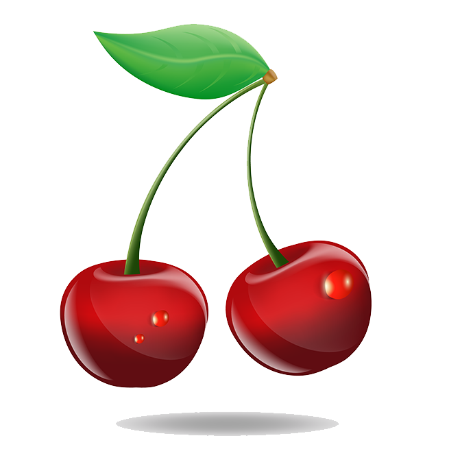 Two Cherries with stems and a leaf
